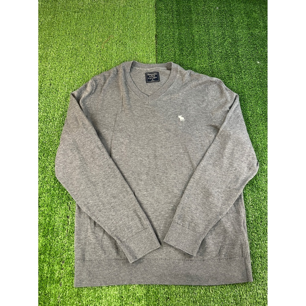 Abercrombie & Fitch Mens XL V-Neck Sweater Heather Grey Embroidered Moose Logo